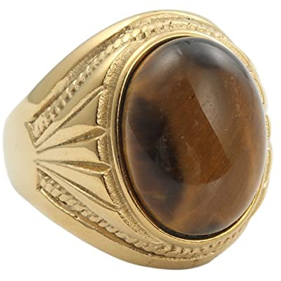 BCughia Vintage Ringe Edelstahl, Herren Ringe Vintage Gold Braun Bands 22mm Ring Oval Vintage mit Braunem Stein Valentinstag Ring Geschenk Größe 65 (20.7)