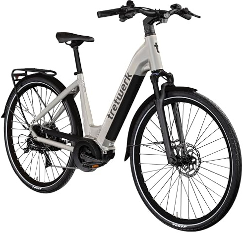 TRETWERK 28 Zoll E-Bike Damen Fahrrad Trekkingbike - Amber - Pedelec Damenfahrrad mit 8 Gang Schaltung - Elektrofahrrad Mittelmotor (grau, 48 cm)
