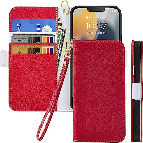 Tiyoo Flip Phone Case for iPhone 12 mini, Premium Magnetic Wallet Case for Phone Protection, Lychee Pattern PU Leather with Card Slots & Wrist Strap, Shockproof Phone Cover for iPhone 12mini, Red