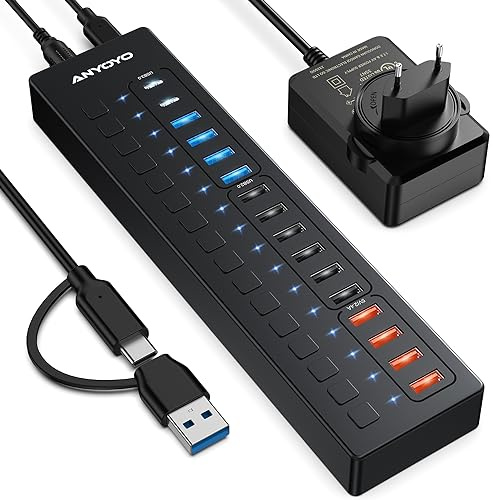ANYOYO 16-Port USB 3.0 Powered Hub (4 USB-A 3.0 + 2 USB-C + 4 Smart Charging + 6 USB 2.0, 60 W) with Individual Switches – Desktop USB Splitter for PC, Mac, Home Office & Classroom Setups