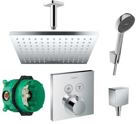 Hansgrohe Duschsystem Unterputz mit Duscharmatur Hansgrohe HGK06 poliert | Duscharmatur von Hansgrohe Shower Select Thermostat Armatur und Hansgrohe Regendusche Duschkopf eckig, Dusch-SET poliert