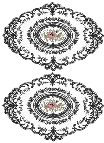 uxcell 2Pack Retro Lace Placemat 12x16-in Oval Embroidered Table Place Mats French Crochet Doilies Coasters Cup Mat for Home Wedding, Black