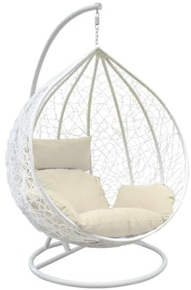 Rattan Swing Egg Chair Garden Swing Chair Patio Hanging Chair Indoor/Outdoor Hanging Hammock with Cushion (White Egg Chair & White Cushion)