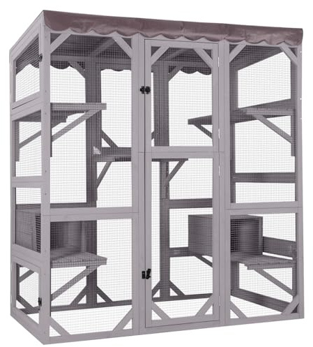 Aivituvin Catio Outdoor Cat Enclosure with 7 Platforms, 2 Resting Boxes, Large Window Cat House for 4-6 Mulitiple Cats Walk in Kitty Cage with Weatherproof Tarp Roof 70