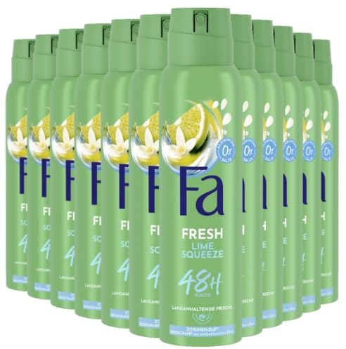 Fa Deospray Lime Squeeze (12x 150 ml), mit dem exotisch frischen Duft der Zitrone, ohne Aluminium für bis zu 48 h Deo-Schutz, hinterlässt keine Deo-Rückstände auf der Kleidung