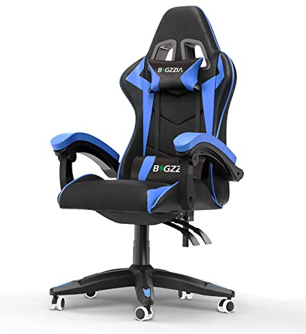bigzzia Silla Gaming，Silla Ergonómica para Videojuegos, Oficina y Estudio, Silla Gaming con Cojín Lumbar y Reposacabezas, Regulable en Altura (Sin Reposapiés, Azul)