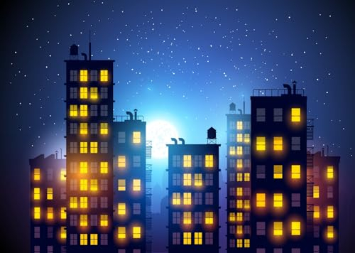 CORFOTO 7x5ft Nacht-Stadt-Gebäude-Hintergrund, Stadt-Hintergrund, Cartoon-Moderne Stadt-Hintergrund, Mond-Stadtbild-Fotografie-Hintergrund, städtische Nachtansicht, Sternenhimmel, Kinderporträt