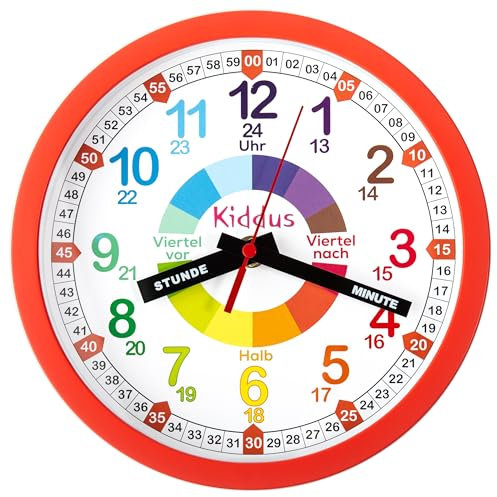 Kiddus Orologio da Parete Didattico per Bambini, Ragazzi. Analogico. Con Esercizi per Imparare a Leggere l’Ora. Movimento al Quarzo Silenzioso. Colore Rosso. Tedesco