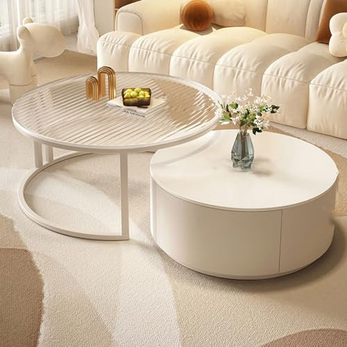 Runder Beistelltisch 2er-Set,Beistelltische fürs Wohnzimmer,Sofa-Teetisch für Kleine Räume,Couchtisch mit Stauraum,Cocktail-Beistelltisch Wohnung,Modern Design Couchtisch(Pure white+transparent,70x45c