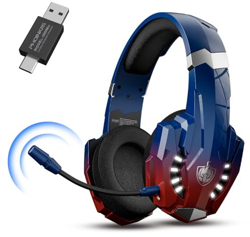 PHOINIKAS Casque Gaming sans Fil pour PC, PS5, PS4, Switch, Casque avec Micro Bruit Environnemental, 7.1 Son Surround, Batterie de 30H, Lumières LED, Oreillettes Respirantes (Bleu Dazzle)