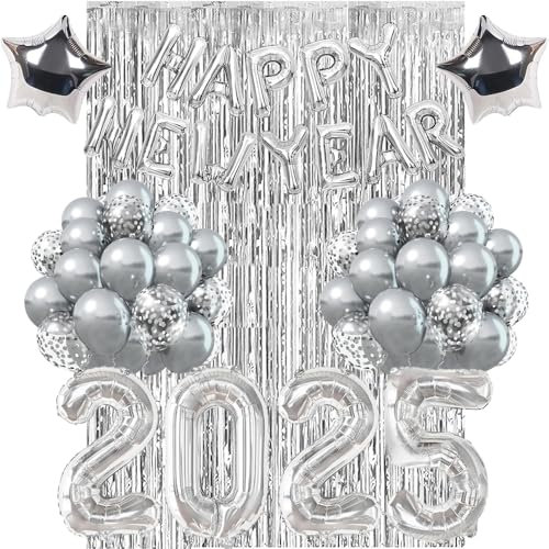 Happy New Year Deko 2026, Silvester Deko 2026, Deko Silvester Party, Happy New Year Folienballon Banner, 2026 Zahlen Folienballon, Silber Regenvorhang für Silvesterpartydeko Neujahrsdeko Accessoire
