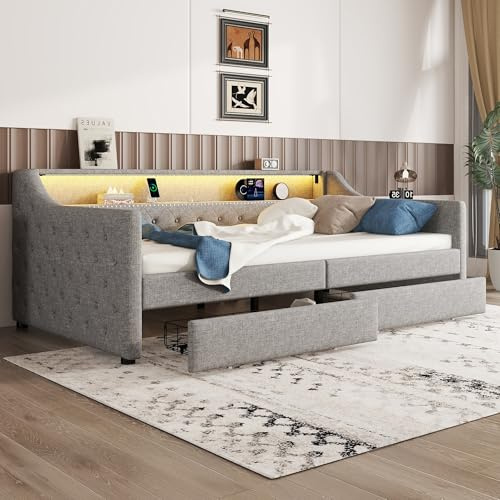 Polsterbett Sofabett Einzelbett 90x200 cm, Kinderbett Daybett Schlafsofa Tagesbett mit LED-Leuchten, 2 Schubladen und USB Ladefunktion, Jugendbett Gästebett mit Lattenrost, Linen, Ohne Matratze, Grau
