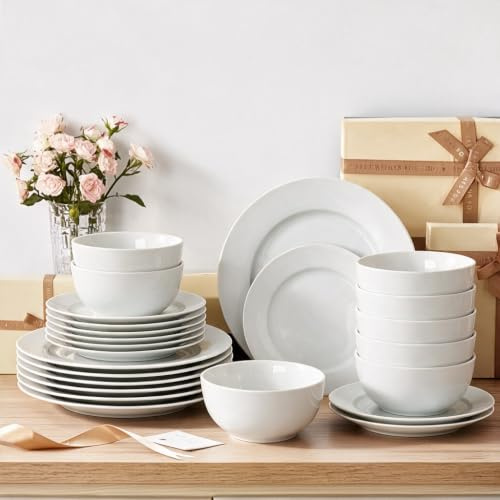 Waterside 24pc White Rim Porcelain Dinner Set; 8 Dinner Plates, Side Plates & Deep Bowls - Dishwasher & Microwave Safe