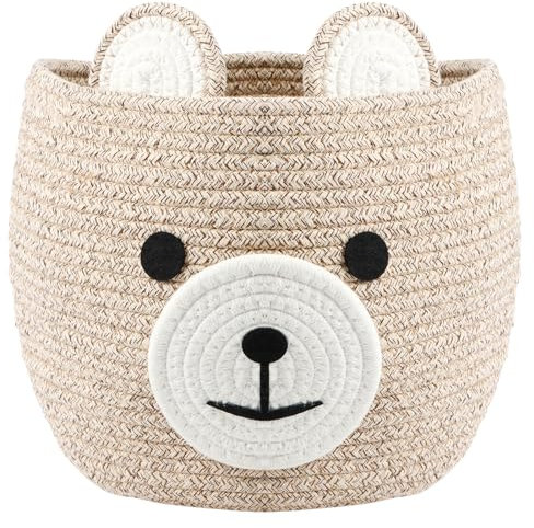 Bear Storage Basket Cotton Corded Rope Toy Organizer Boxes Large Laundry Baskets Foldable Storage Container with Built in Handle Gift Basket for Kids Baby, Nursery Decor, 27×27×22cm