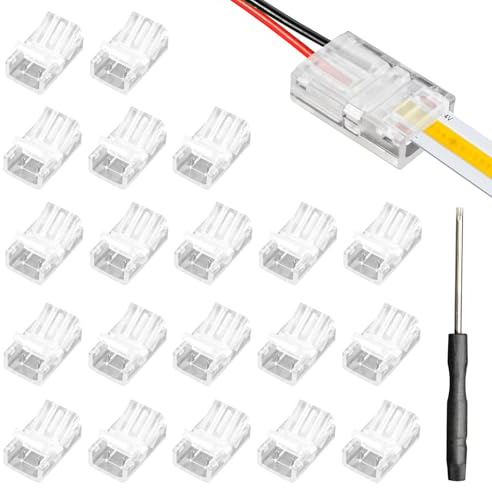 Niuohoy 2 Polig 10 mm LED Streifen Verbinder Verlängerungskabel Transparenter Lötfreier LED-Linghting-Adapter für SMD 5050/3528 Streifen mit Schraubendreher (20 Stück)