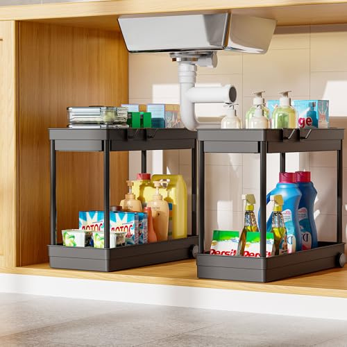 CINY 2 pcs Küchen Organizer, Unter Waschbecken Regal, Mehrzweck-Organisation für Küche, Schrank/Badezimmer/Kühlschrank Kleine Gegenstände Organizer Aufbewahrungsbox (Schwarz)
