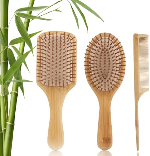 Set da 3 pezzi per capelli in bambù e pettine in legno, bamboo spazzola legno per capelli, spazzola antistatica, anti-frizz, spazzola per ricci adatta per uomini, donne e bambini