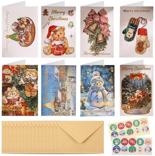 GGUFAY Pacchetto biglietti d'auguri di Natale, 16 Biglietto Auguri Natale con Buste e Adesivi con Buste per Natale e Capodanno