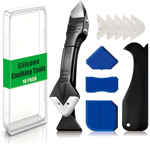 3 in 1 Silicone Caulking Tools, 11 Pack Grout Removal Sealant Finishing Tool with Scraper(Stainless Steelhead), 5 Exchange Silicone Pads, Ideal for Kitchen, Bathroom, Tub Tile, Window Sealing