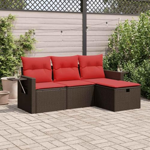 Holamys 4-TLG. Gartenmöbel-Set Braun Poly Rattan, Outdoor-Möbel mit Stauraum, Terrassenmöbel Sitzgruppe für Balkon, wetterfestes Gartenset, Außen-Sitzmöbel inkl. Kissen