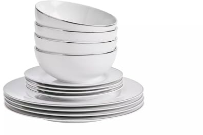 Silver Rim 12 Piece Porcelain Dinner Set – White Elegant Tableware Set, 4 Dinner Plates, 4 Side Plates & 4 Bowls, Modern Dining Set for 4 People Home Kitchen Decor