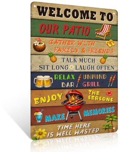 Ulord Welcome to Our Patio Funny Metal Sign 8x12 Inch Bbq Wall Art | Rustic Vintage Tin Sign Decor for Backyard Poolside Bar Porch Great Gift for Neighbors & Friends