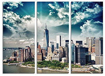 Paul Sinus Art 130x90cm – Keilrahmenbild Sonnenaufgang Manhattan Wolkenkratzer New York 3teiliges Wandbild auf Leinwand und Keilrahmen - Fotobild Kunstdruck Artprint