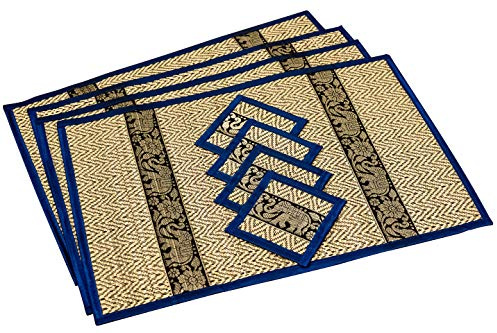Hand-Woven Wicker Reed Placemats Coaster Set Eco-Friendly Heat Resistant Thai Style Durable Easy to Clean for Dining Table Set of 4 (Large, Navy Blue)