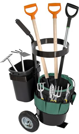 biosp Garden Carts, Heavy Duty Rolling Lawn Yard Mobile Gardening Trolley, Wheeled Outdoor Metal Utility Beach Wagon with 5 Gallon Bucket Oxford Bag Tool Organizer Storage