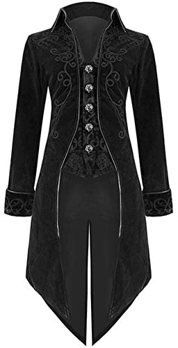GOLDSTITCH Mens Medieval Steampunk Tailcoat Velvet Victorian Gothic Vintage Frock Halloween Costume Coat Black XL