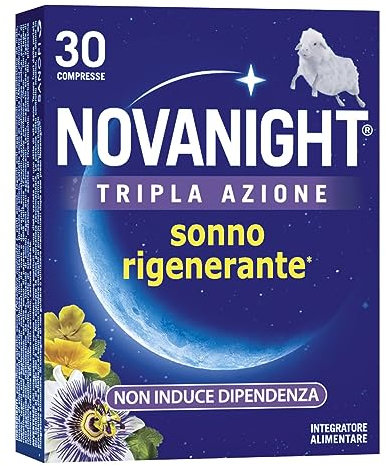 Novanight Tripla Azione Melatonina per Dormire, Integratori per Dormire, Disturbi del Sonno - Senza Glutine, con Melatonina, Escolzia, Passiflora, Melissa, Non Induce Dipendenza (30 Compresse)