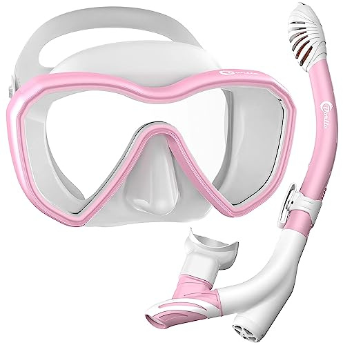 Dorlle Schnorchelset, Neu Verbesserte Panorama Schnorchelmaske, wasserdichte Tauchmaske Anti-Fog Anti-Leck aus Gehärtetem Glas, mit 3-Kanal Premium Dry Schnorchel für Erwachsene, Rosa