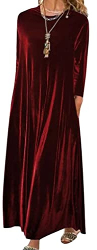 Minetom Femme Automne Hiver Casual Longue Robe Velours Elegant Couleur Unie Manches Longues Lâche Robe Soirée Fête Cocktail Maxi Robes A Rouge 3XL