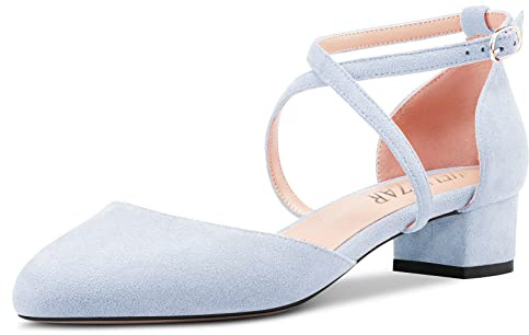 HEUIVZAR Damen Absatz Heel Pumps Runde Zehenkappe Kitten Niedrige Blockabsatz Chunky Absatz Heel Querträger Knöchelriemen Sandalen Wildleder Dress Schuhe 3.5 cm