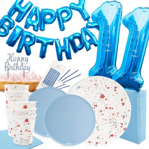 PARTY PARTY 72-teiliges Set 11. Geburtstag Sprinkles Blau, Partygeschirr Partydeko für 8 Gäste (Becher, Teller, Servietten, Kuchendeko, Folienballons), Kindergeburtstag