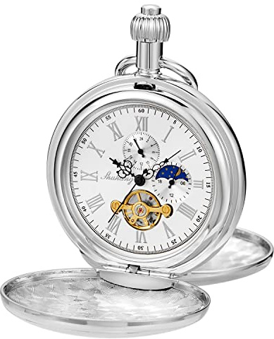 Tiong Montre de poche mécanique à double couverture pour homme, double couverture romaine au clair de lune, cadran chaîne, montre de poche mécanique, montre de poche mécanique pour homme, Mpw141-uk,