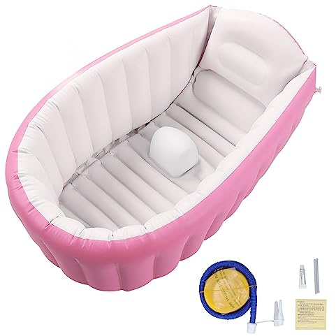 Aufblasbare Babybadewanne mit Wasserwaage, Wasserspender, Faltbare Kleinkindbadewanne mit Luftpumpe, Tragbare Reisebadewanne, Rutschfest (Rosa)