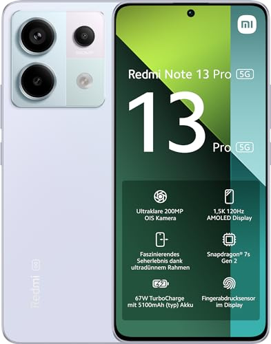 XIAOMI Redmi Note 13 Pro 5G - Smartphone de 12+512 GB, Pantalla de 6,67 AMOLED 1.5K 120Hz, Qualcomm Snapdragon 7 Gen 2, Triple cámara de hasta 200MP, Hypercharge 67W, Morado (Versión ES)