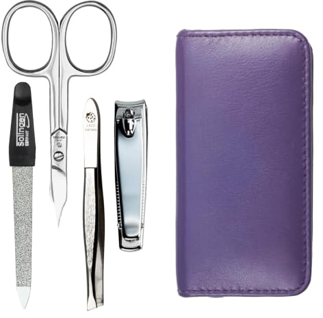 Hans Kniebes Maniküre Set 4-teilig Lila – Reise Nagelpflege Set für Damen & Herren – Profi Edelstahl Nagelschere, Nagelknipser, Feile & Pinzette – Echtes Nappa Leder Etui – Pediküre Set