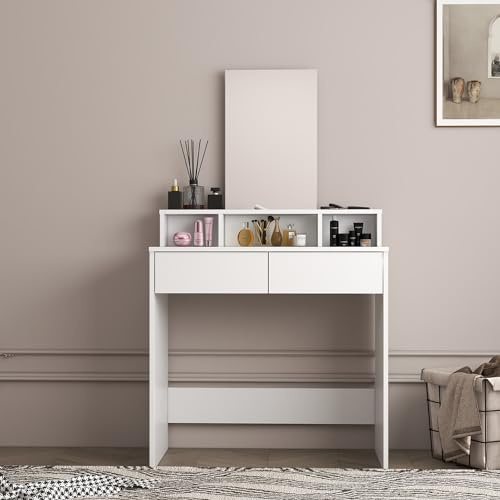 Panana Dressing Table with Mirror Vanity Makeup Table with 2 Drawers, Bedroome furniture White Dressing Table
