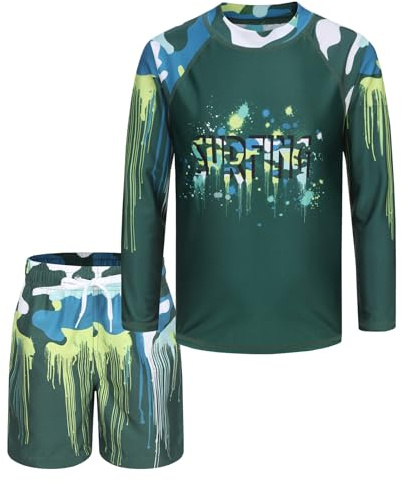 Aisyee UV Schwimmshirt Jungen 2-teiliges Langarm Badeshirt Mit Kinder Boardshorts Jungen UV Shutz Badeanzug Set 146 152/11-12 Jahre