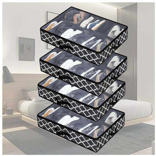 RYJYQYX Bettkasten Aufbewahrung Foldable für Schuhe Aufbewahrung, Unterbett Aufbewahrung mit transparenter Deckel, Aufbewahrungsbox Unter Bett Unterbett-Organizer Für Kinder Und Erwachsene,A-4Pcs
