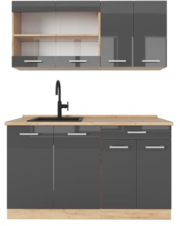 Vicco Küchenzeile R-Line, Anthrazit Hochglanz/Goldkraft Eiche, 140 cm | 4 Module · Höhenverstellbare Füße · AP Eiche inkl. · Robuste Fronten · Mit Glasschrank · Frei kombinierbar