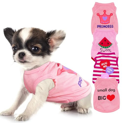 4 Pieces Dog Clothes for Small Dogs Girls Summer Autumn Cute Puppy Clothes Soft Pet Dog Shirts Chihuahua Teacup Dog Cat Clothing Pink Costume (Medium)