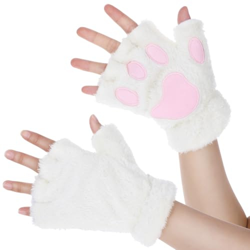 Sibba Cat Paws handskar fingerlösa 2 st björn furry Paw Handhandskar Cute Paw Gear Cosplay kostym tillbehör kvinnor handske nyhet kläder tillbehör för halloween partys föreställningar flickor, Vit, En