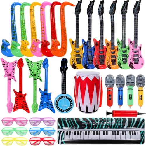 Dyrfolm 30 Pcs Inflatable Rock Star Toy Set,80s 90s Party Decorations Inflatable Party Props,Inflatable Guitar Microphone,Inflatable Piano,Saxophone Drum,Party Favors Rock and Roll Party Supplies