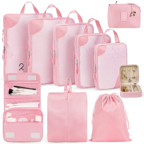 Anjing Compression Packing Cubes 10 Set Koffer Organizer Taschen Reisewürfel für Koffer Gepäck Organizer Packtaschen Travel Essentials Rosa