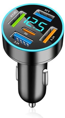 5-Porte Caricabatterie Auto USB C, 66W QC3.0 & PD Caricatore Veloce Con Presa per Cellulare, Accendisigari Con Voltmetro LED per iPhone, Android, Samsung