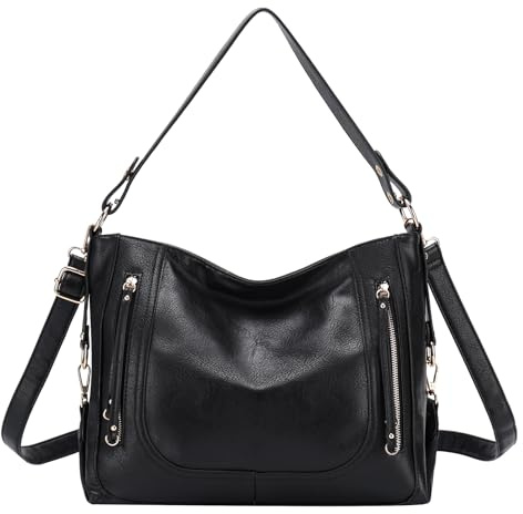 Kasgo Handtasche Damen Groß, Umhängetasche Damen Gross Hobo Bag PU Leder Vintage A4-tauglich Shopper Tasche Schultertasche mit Abnehmbarem Schulterriemen für Arbeit Reisen 14L Schwarz