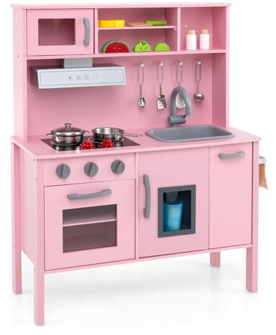 GOPLUS Cocina de Juguete para Niños de Madera, Cocina Infantil de Juguete con Microonda, Fregadero, Grifo, Placas de Gas, Campana Extractora, Heladera y Horno, para Niños de 3+ años (Rosa 1)